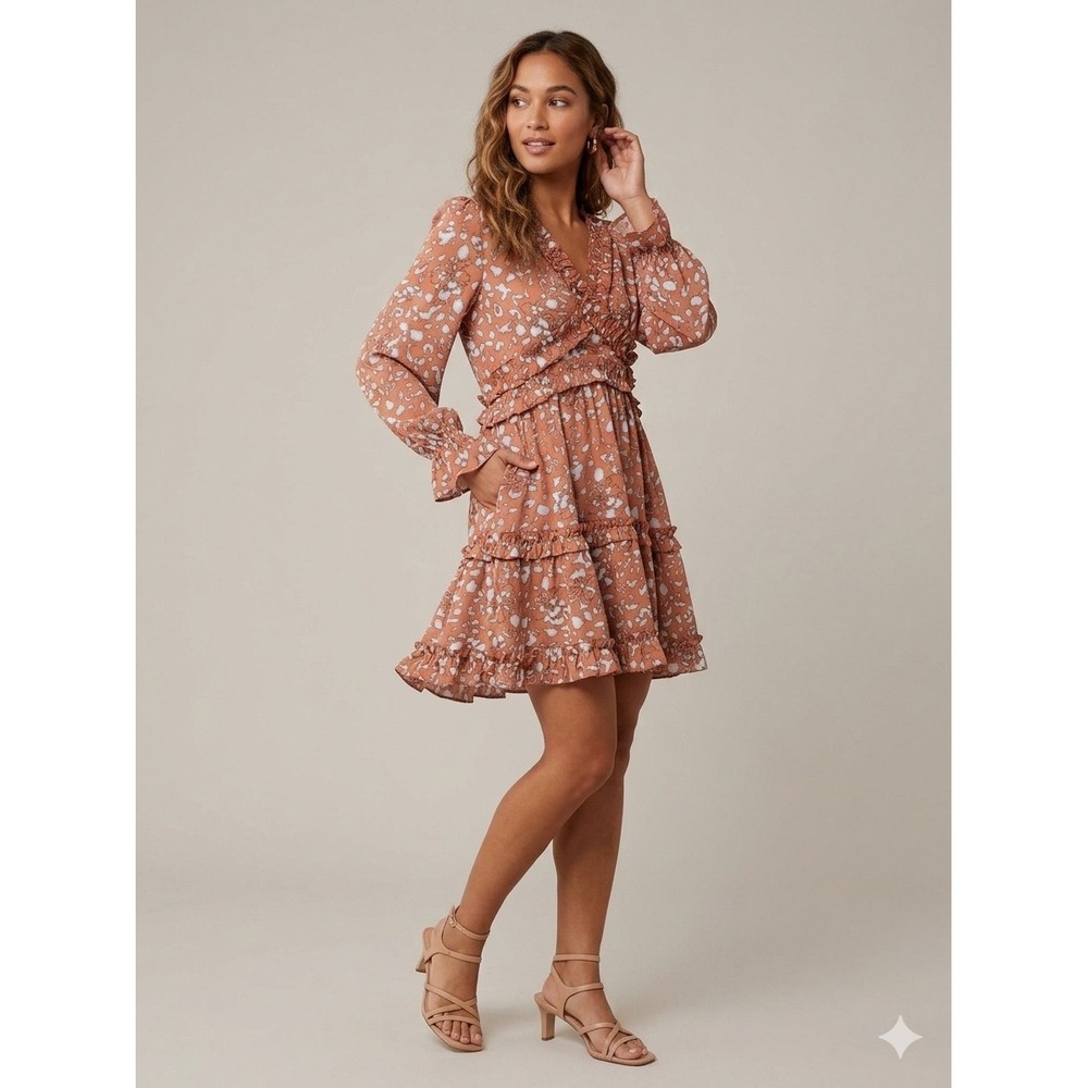 Listicle Womens Rust Floral Leopard Ruffle Mini Dress